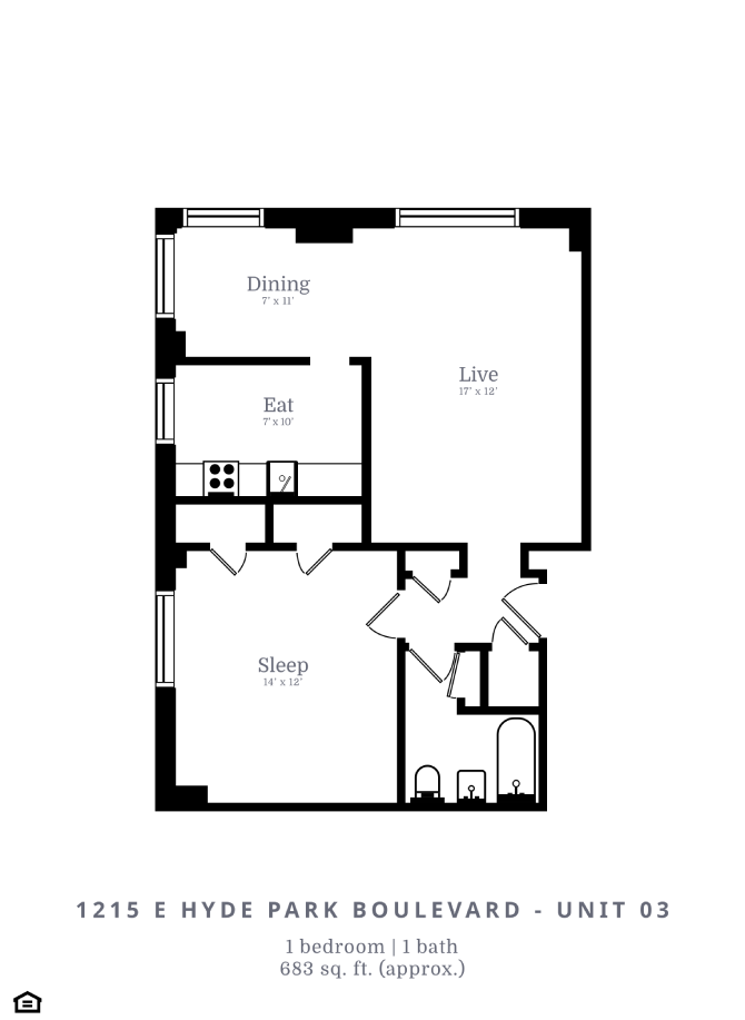 Floor plan for 1 bed, 1 bath, 683 sqft